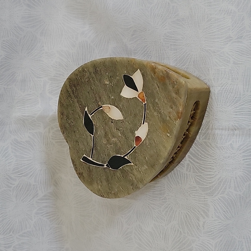 Floral Inlaid Stone Heart Trinket Dish